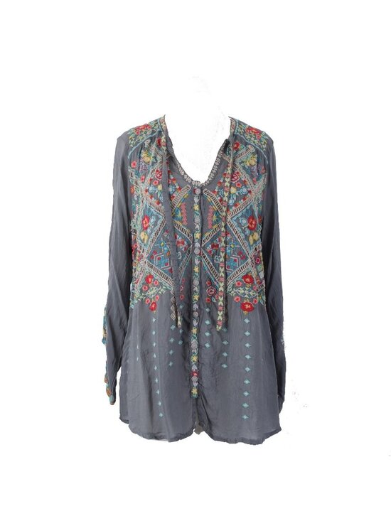 Johnny Was Tops - Johnny Was Top Sz S Gray Red Multi Colored Embroidered 100% Poly Top